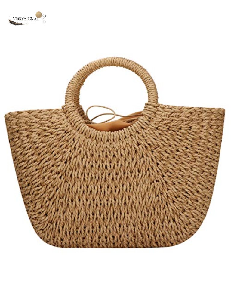 Hand-Woven Straw Large Tote Beach Bag Round Handle Summer Rattan